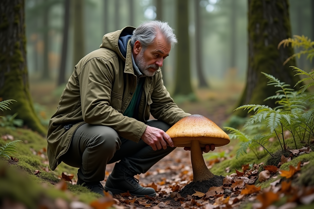 Mycologue examinant un boletus dans la forêt dense