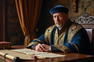 Portrait d'un homme royal médiéval en robe brocade bleue