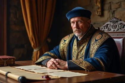 Portrait d'un homme royal médiéval en robe brocade bleue