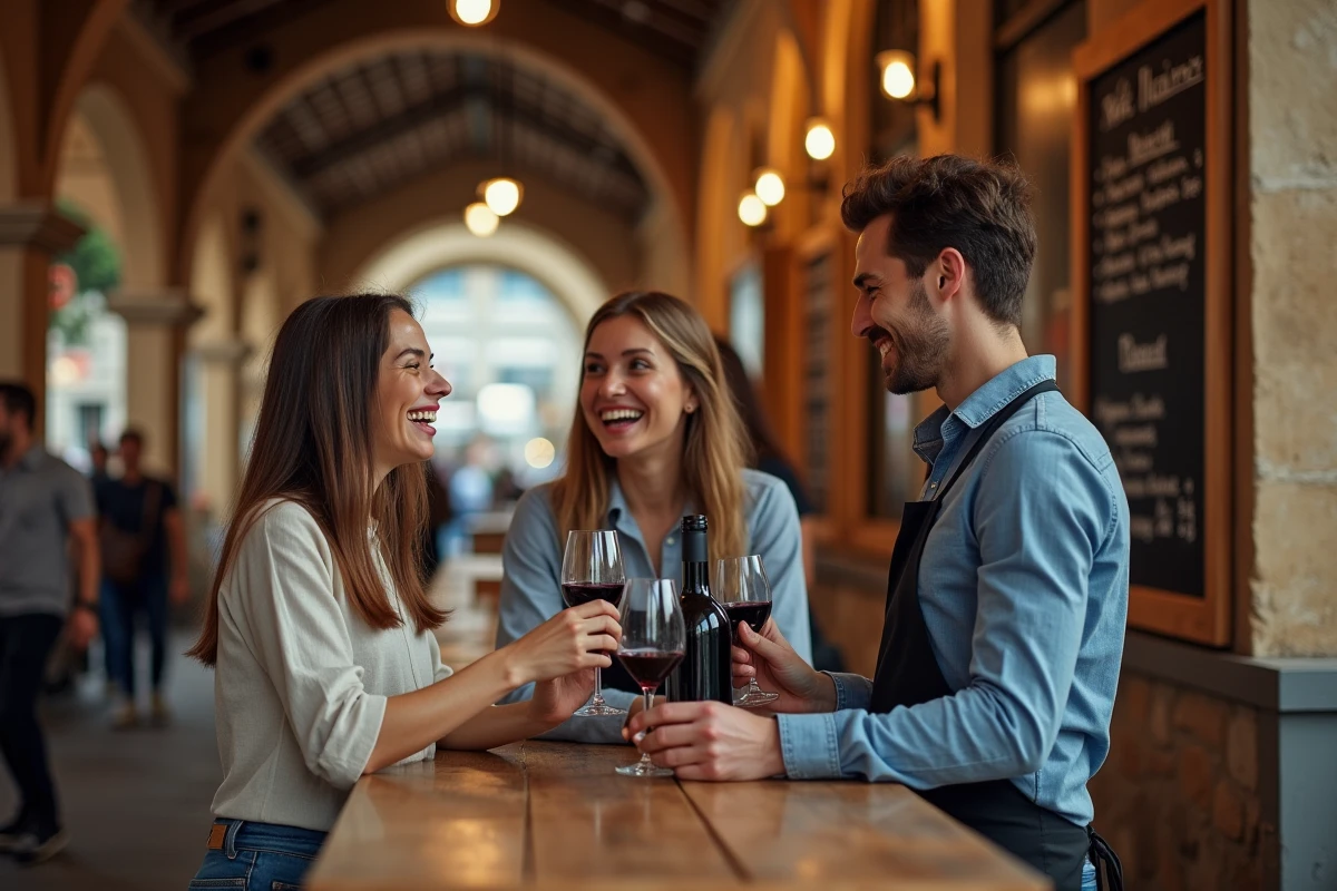 Jeunes professionnels toulousains savourant un verre de vin local au comptoir d'un marché couvert en nocturne