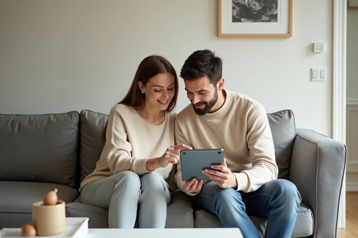 Deux nouveaux utilisateurs consultant ensemble un guide de repères et conseils Sorlav sur une tablette dans un salon moderne
