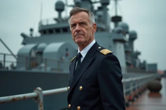 Officier de la Marine nationale française en uniforme avec galons dorés sur pont de navire de guerre