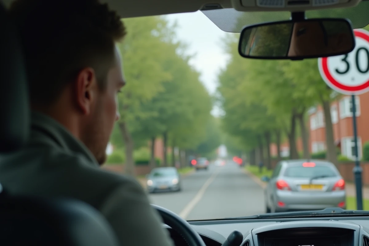 Conducteur en voiture devant un panneau de limitation de vitesse à 30 mph dans une rue résidentielle britannique