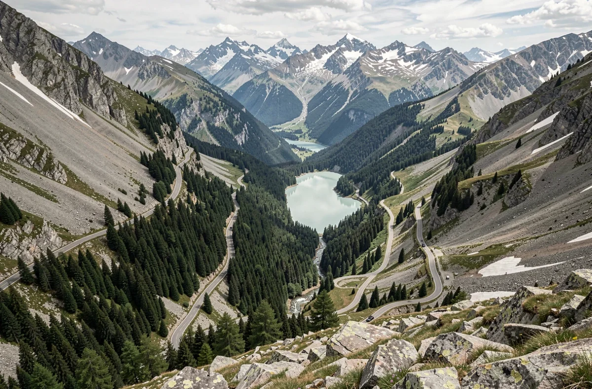 Vue panoramique d'une vallée de montagne française avec route alpine, forêt de conifères et sommets enneigés