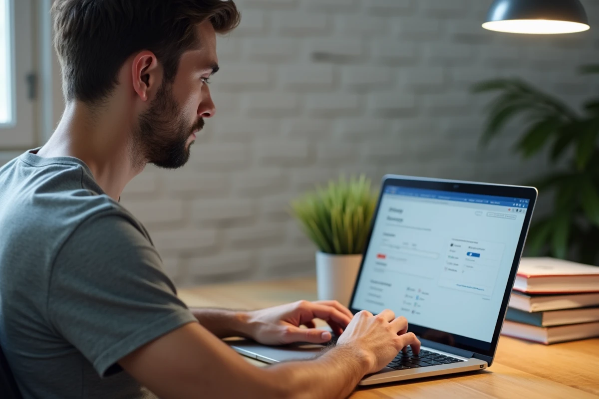 Homme paramétrant les options de confidentialité de son espace membre sur un ordinateur portable dans un bureau à domicile