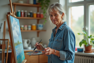 Femme peignant dans un studio lumineux avec palette et pinceau