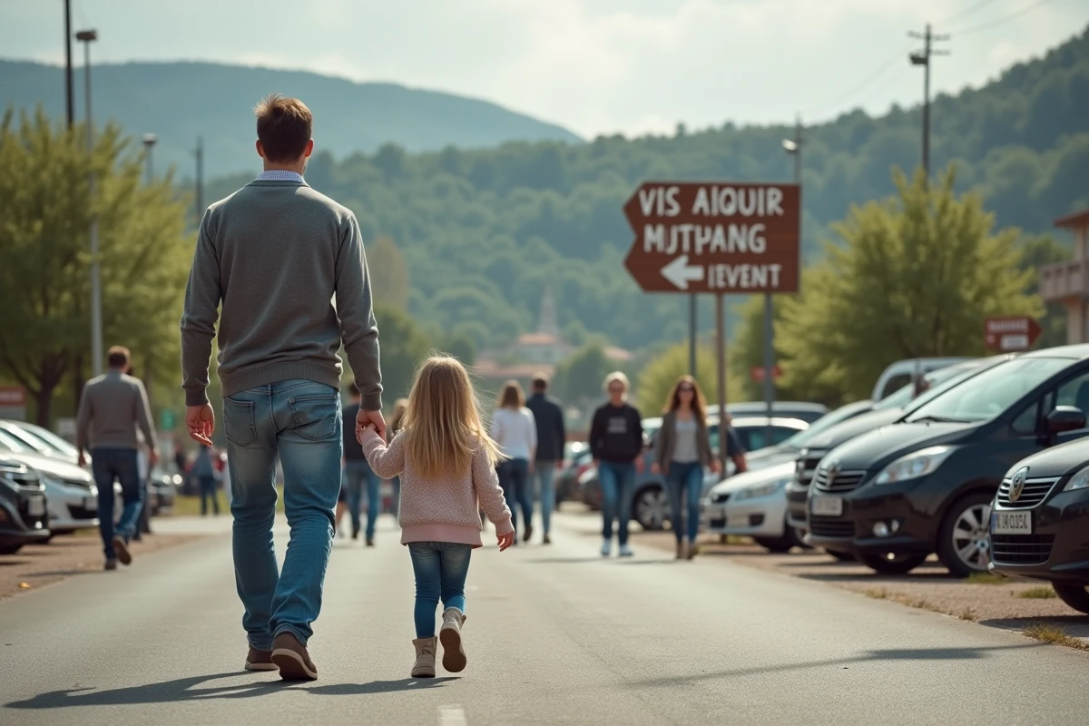 Pere et fille cherchant un parking devant un vide grenier