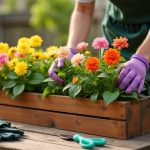 Personne nettoie une boîte à fleurs en bois sur un patio ensoleillé