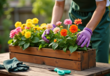 Personne nettoie une boîte à fleurs en bois sur un patio ensoleillé