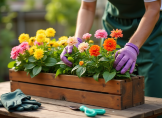 Comment entretenir un bac à fleurs en bois : nos astuces Personne nettoie une boîte à fleurs en bois sur un patio ensoleillé