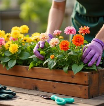 Personne nettoie une boîte à fleurs en bois sur un patio ensoleillé