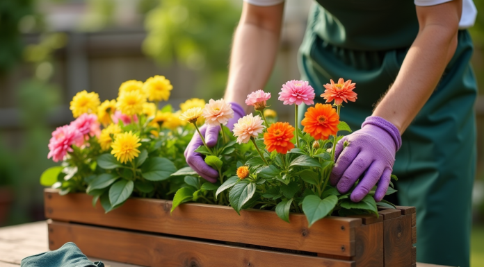 Personne nettoie une boîte à fleurs en bois sur un patio ensoleillé
