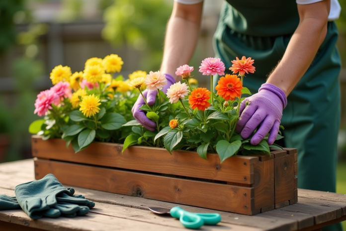 personne-nettoie-jardinier-boite-fleurs Personne nettoie une boîte à fleurs en bois sur un patio ensoleillé