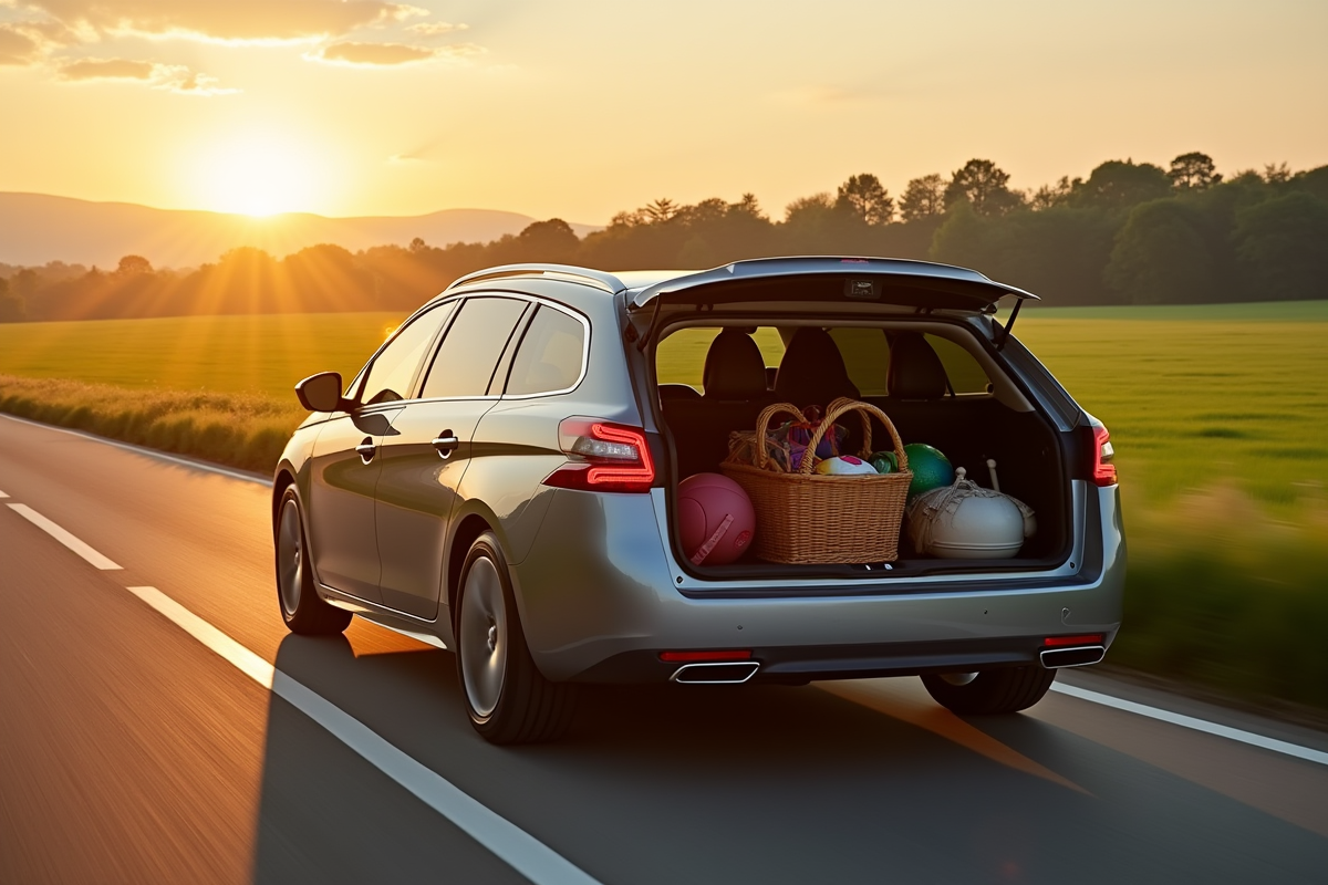 Voiture Peugeot 308 en campagne au lever du soleil