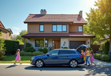 Peugeot 308 station wagon devant maison familiale ensoleillée