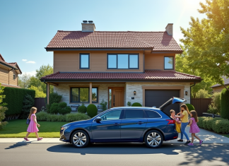 Peugeot 308 station wagon devant maison familiale ensoleillée