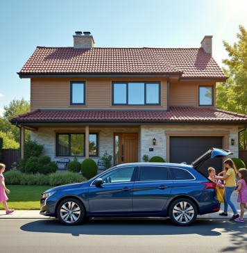 Peugeot 308 station wagon devant maison familiale ensoleillée
