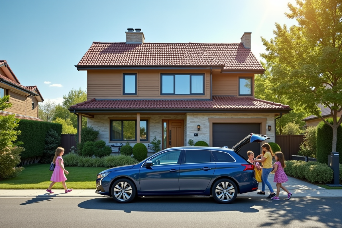 Peugeot 308 station wagon devant maison familiale ensoleillée