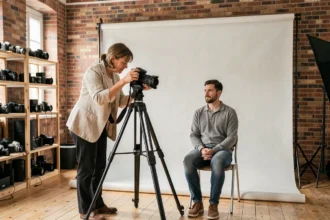Photographe portrait en studio en Haute-Garonne, une professionnelle règle son appareil photo face à un sujet assis devant un fond neutre