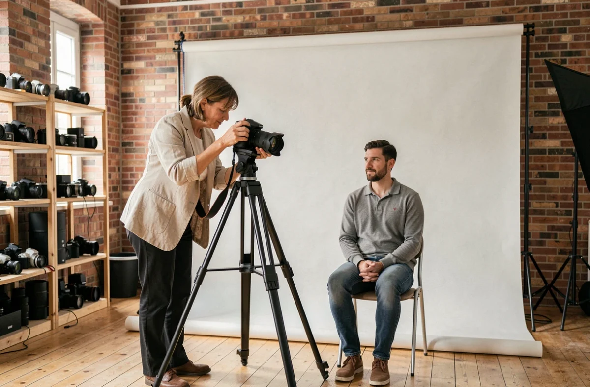 Photographe portrait en studio en Haute-Garonne, une professionnelle règle son appareil photo face à un sujet assis devant un fond neutre