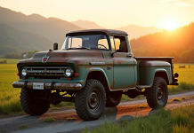 Pick-up 4x4 ancien en campagne au coucher de soleil