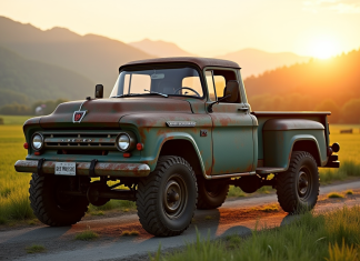 Pick-up 4x4 ancien en campagne au coucher de soleil