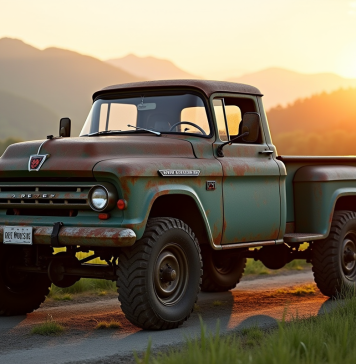 Pick-up 4x4 ancien en campagne au coucher de soleil