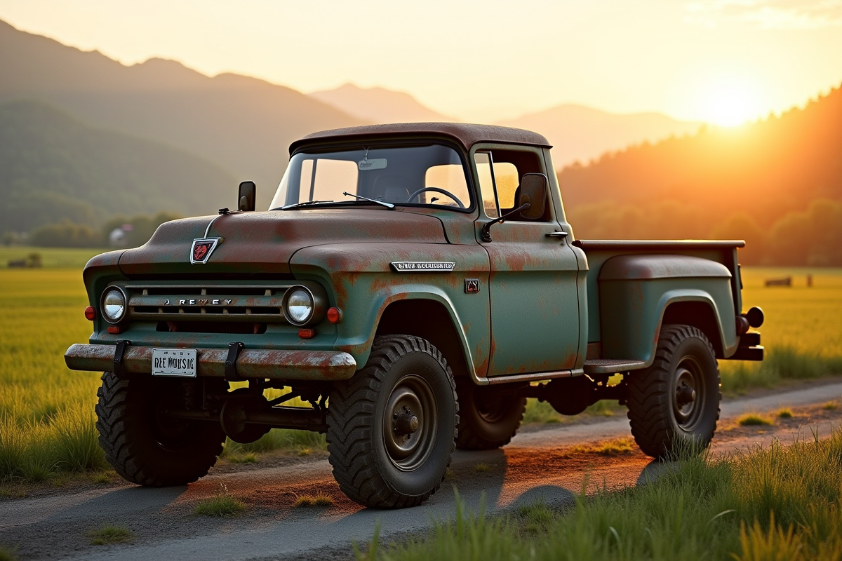 Pick-up 4x4 ancien en campagne au coucher de soleil