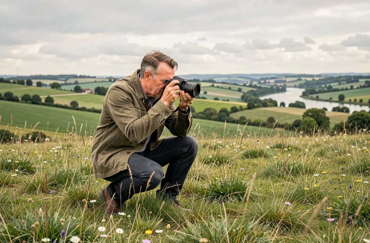 Pierre Lesueur photographiant un paysage de la Loire Valley, accroupi dans la nature avec son appareil photo