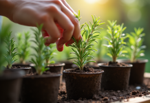 Mains plantant du romarin dans un pot en terre