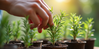 Mains plantant du romarin dans un pot en terre