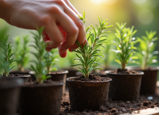 Mains plantant du romarin dans un pot en terre