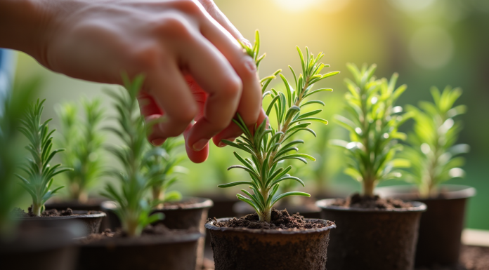 Mains plantant du romarin dans un pot en terre
