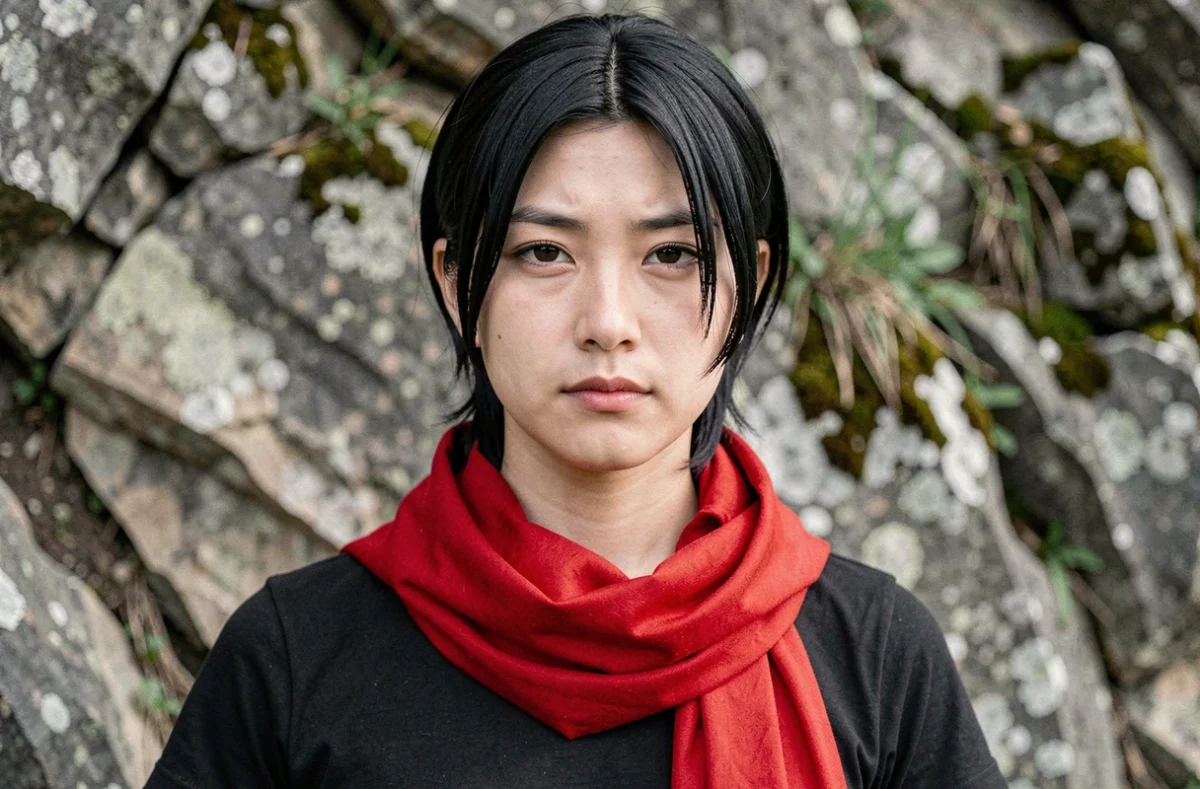 Portrait rapproché d'un cosplayer Androïde 17 Dragon Ball Z devant une falaise rocheuse naturelle