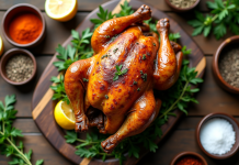 Poulet entier rôti sur une table en bois avec herbes et citron