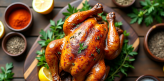 Poulet entier rôti sur une table en bois avec herbes et citron