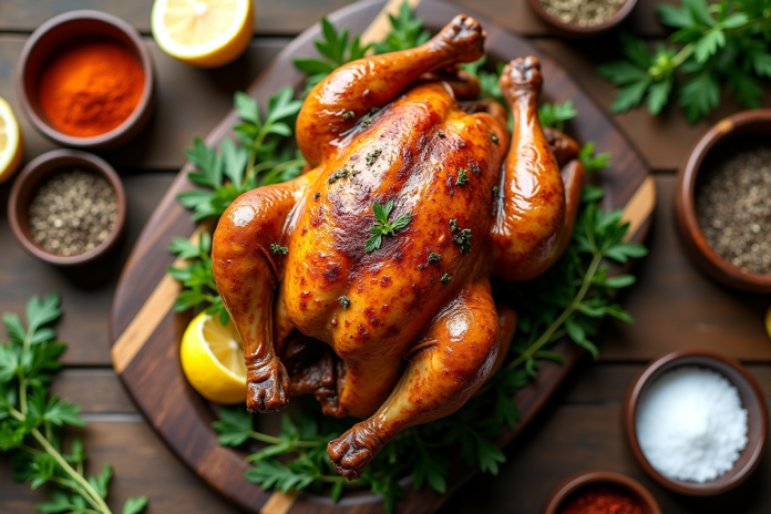 poulet-roast-rustique-herbes Poulet entier rôti sur une table en bois avec herbes et citron
