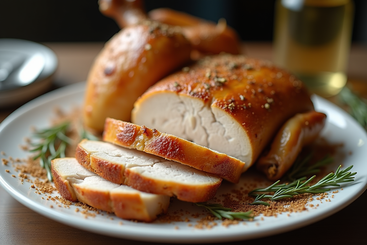 Poulet tranché avec peau croustillante et épices sur une assiette blanche