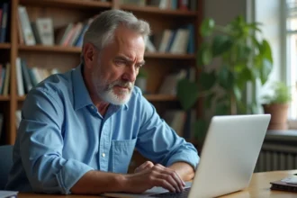 Homme frustré devant son ordinateur portable avec une erreur de connexion sur un site gouvernemental