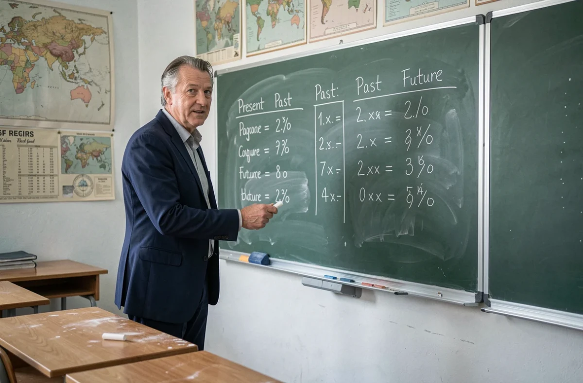Professeur de français présentant les tableaux de conjugaison du présent passé et futur au tableau