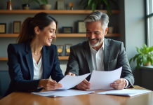 Partenaire co-brandé : définition, avantages et exemples pour votre stratégie Deux professionnels examinent des maquettes d'emballages de produits