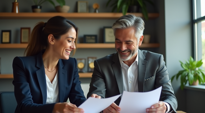 Partenaire co-brandé : définition, avantages et exemples pour votre stratégie Deux professionnels examinent des maquettes d'emballages de produits