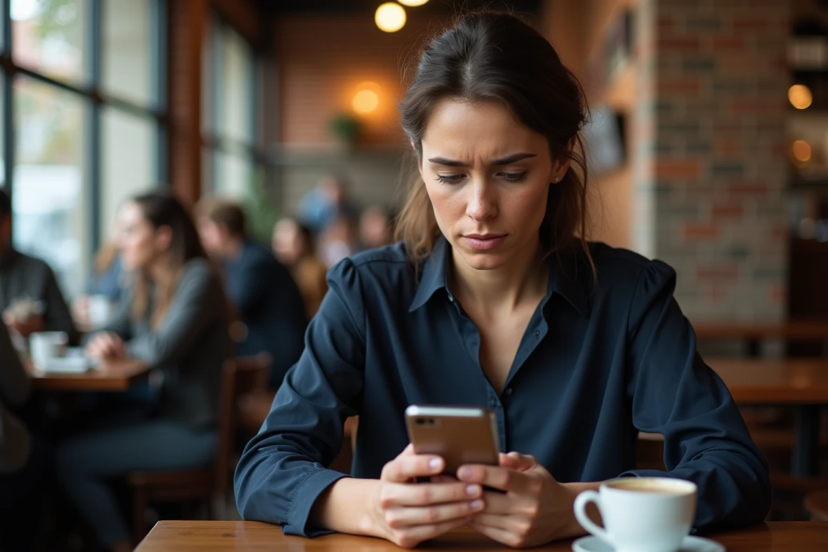 Femme parcourant un site de contenu agrégé sur smartphone dans un café, interrogative sur la collecte de ses données