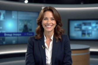 Femme journaliste en studio de télévision, posture assurée devant un bureau de présentateur, symbolisant courage et visibilité médiatique