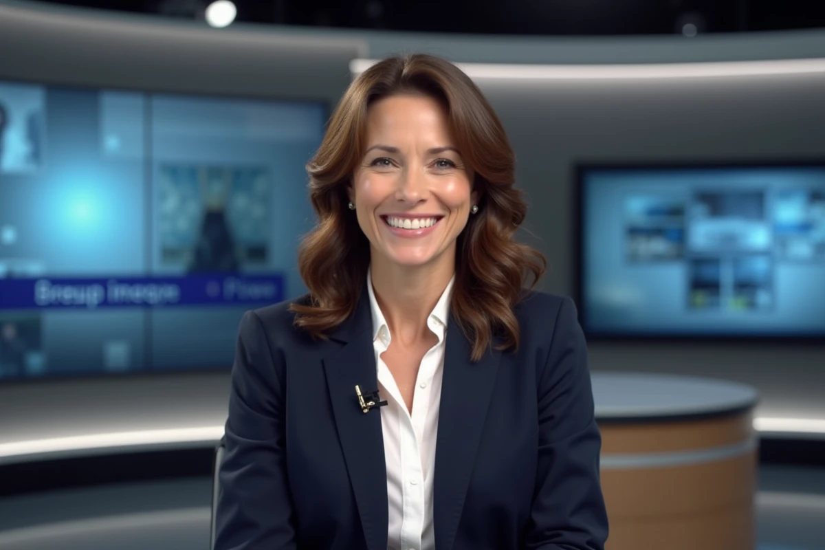 Femme journaliste en studio de télévision, posture assurée devant un bureau de présentateur, symbolisant courage et visibilité médiatique