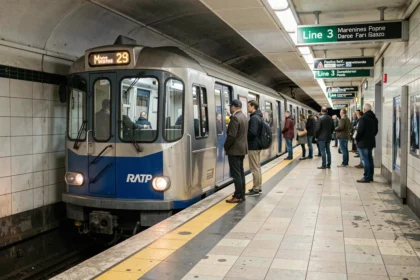 Rame de la ligne 3 du métro RATP arrivant en station avec des voyageurs sur le quai à Paris