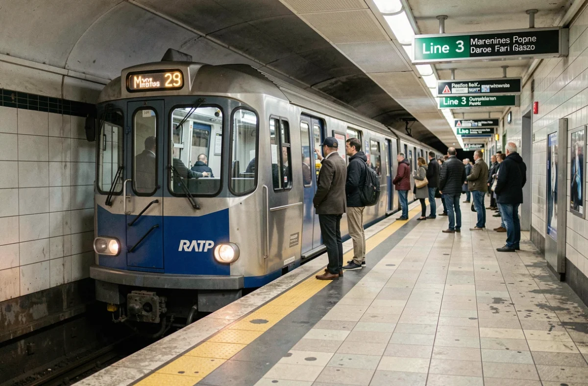 Rame de la ligne 3 du métro RATP arrivant en station avec des voyageurs sur le quai à Paris