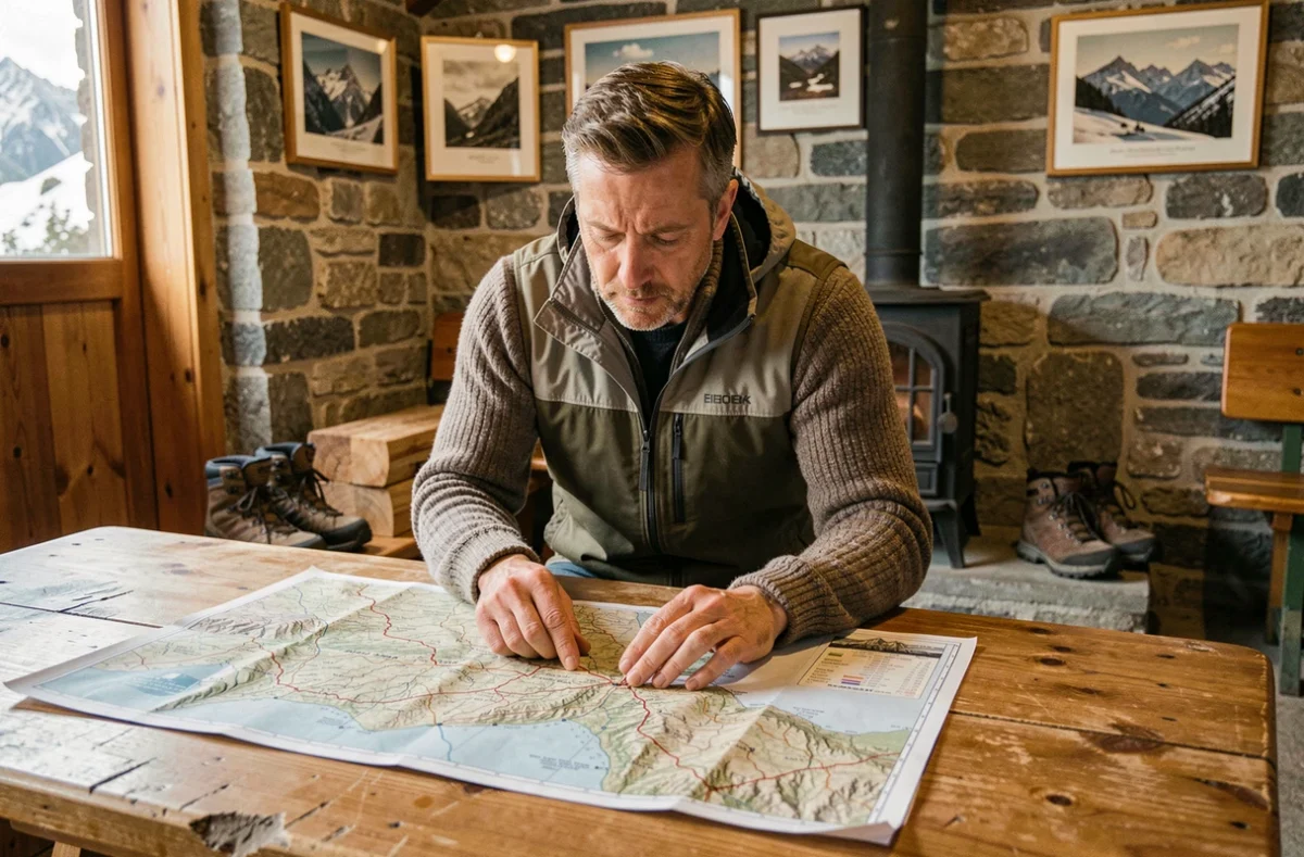 Randonneur étudiant une carte des massifs montagneux de France dans un refuge alpin en bois et pierre