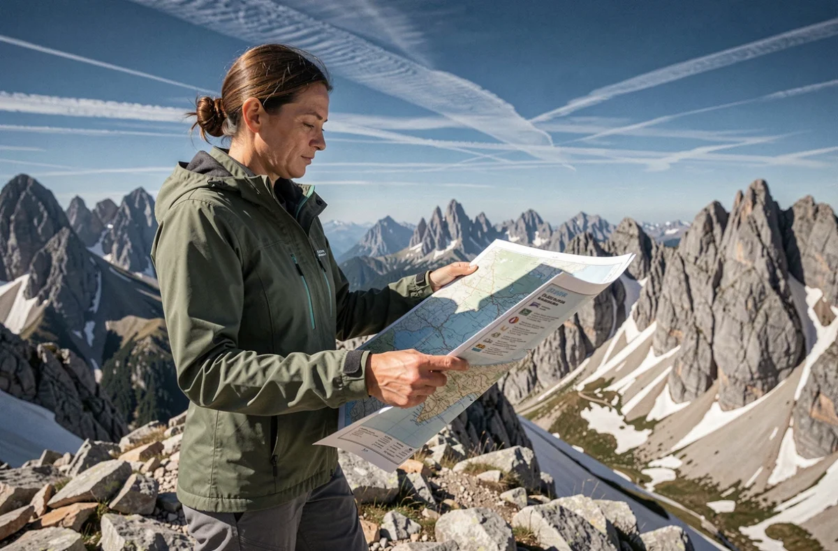 Randonneuse consultant une carte topographique sur une crête alpine avec panorama de sommets enneigés en France