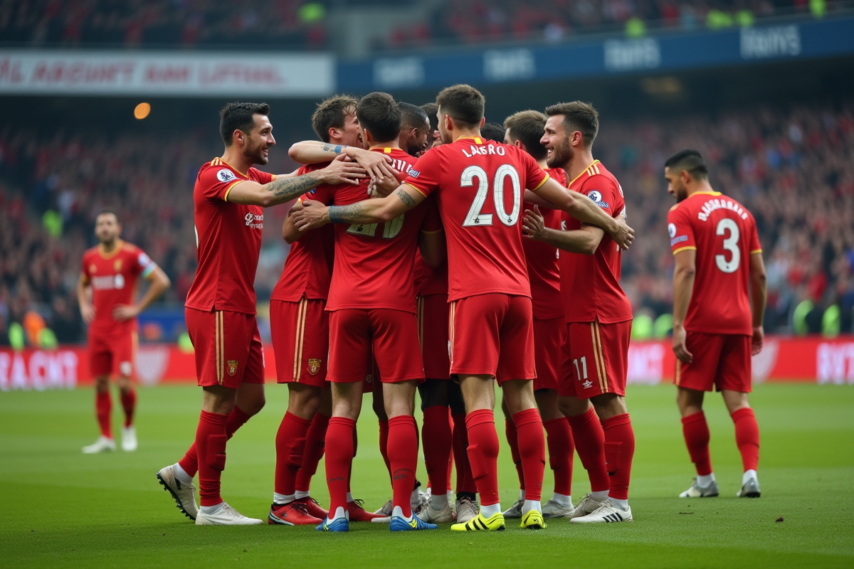 joueurs du RC Lens célèbrant sur le terrain avec supporters